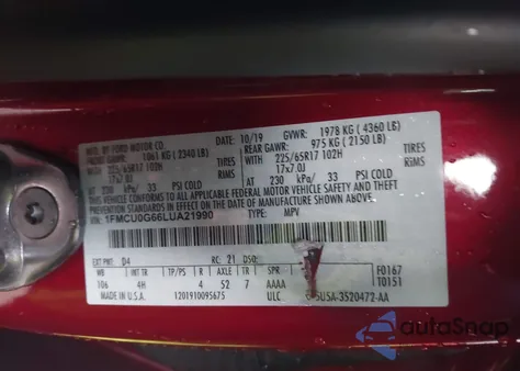 2020 Ford Escape Se z USA, uszkodzony, nr VIN 1FMCU0G66LUA21990